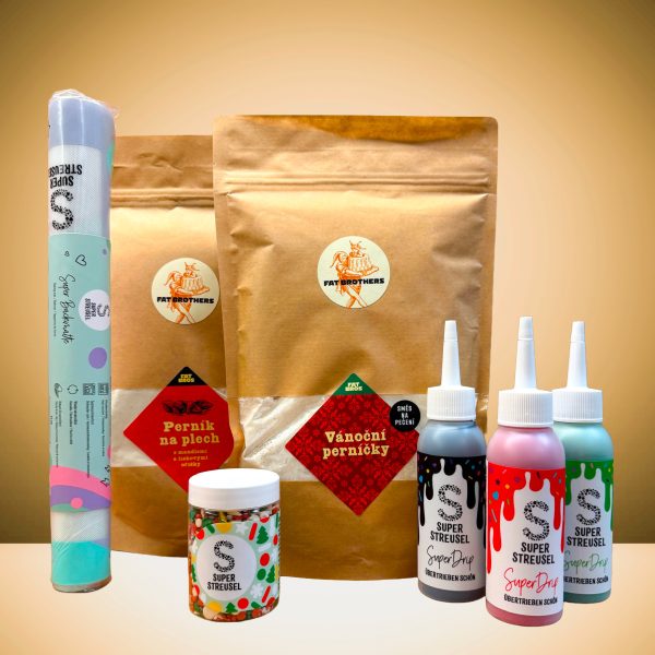 Velká sada klasické červeno-zelené Vánoce - perníky, 3 polevy, posyp a silikonová podložka zdarma